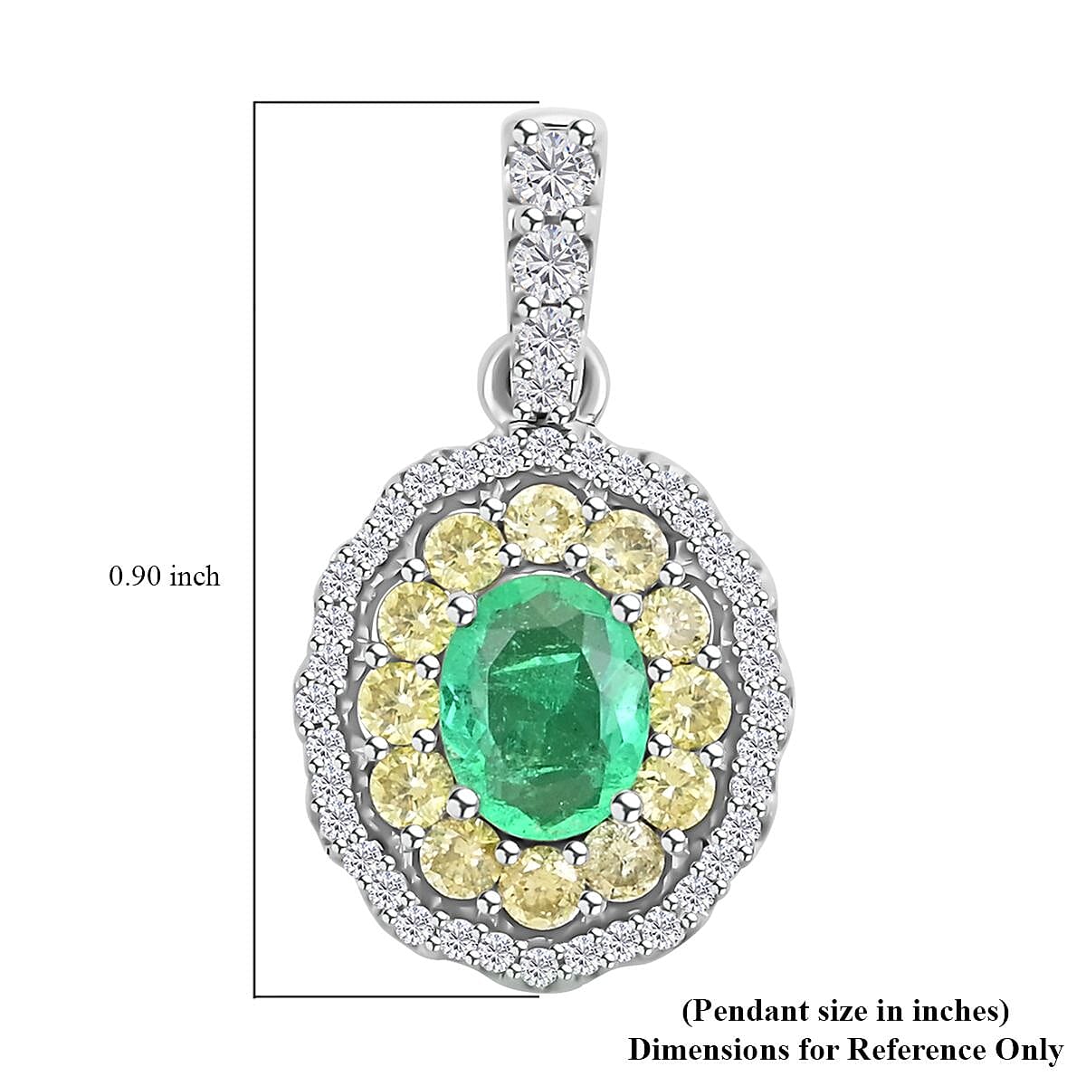 Luxoro 14K White Gold AAA Boyaca Colombian Emerald, I2 Natural Yellow and White Diamond Double Halo Pendant 1.00 ctw