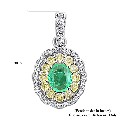 Luxoro 14K White Gold AAA Boyaca Colombian Emerald, I2 Natural Yellow and White Diamond Double Halo Pendant 1.00 ctw