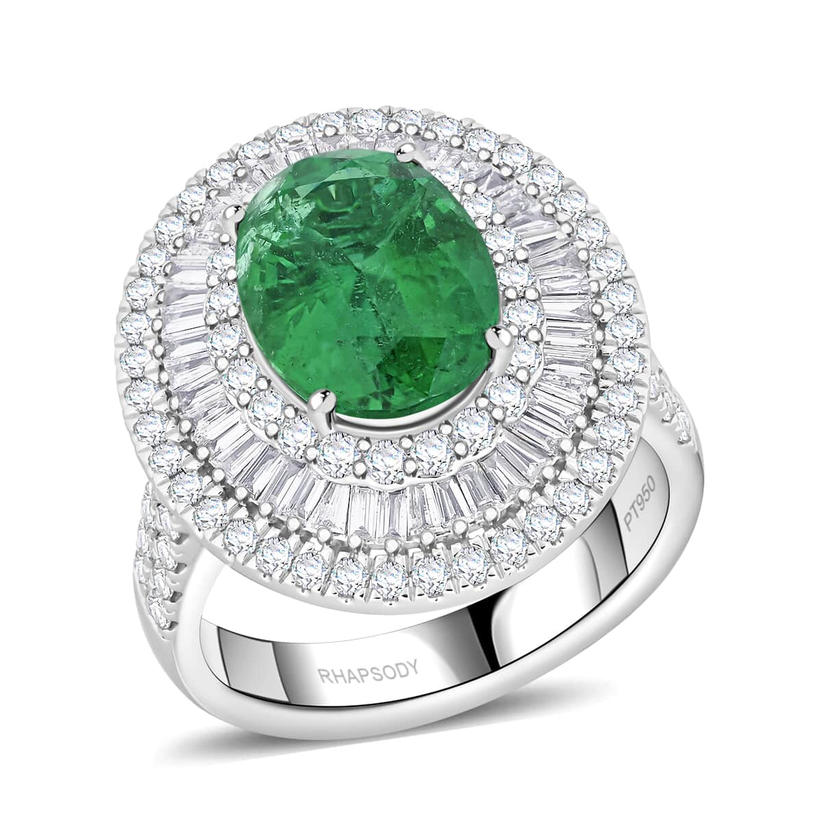 Chairman Vault Collection Certified & Appraised Rhapsody 950 Platinum AAAA Kagem Zambian Emerald and E-F VS Diamond Ring (Size 7.0) 14.40 Grams 5.40 ctw image number 0