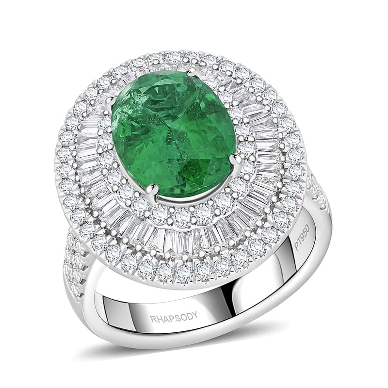 Chairman Vault Collection Certified & Appraised Rhapsody AAAA Kagem Zambian Emerald and E-F VS Diamond 5.40 ctw Ring in 950 Platinum (Size 7.0) 14.40 Grams