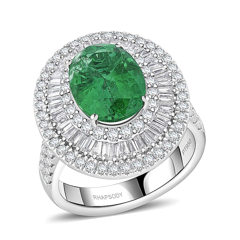 Chairman Vault Collection Certified & Appraised Rhapsody AAAA Kagem Zambian Emerald and E-F VS Diamond 5.40 ctw Ring in 950 Platinum (Size 7.0) 14.40 Grams
