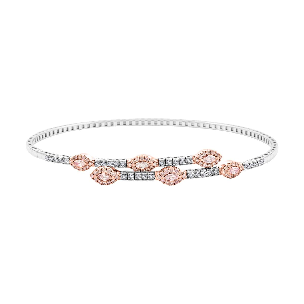 Modani 14K White and Yellow Gold Natural Pink and White Diamond (SI) Bangle Bracelet (7.0 In) Metal Weight (4.35 g) Including Titanium Spring Weight 0.70g (Del. in 10-12 Days) 0.90 ctw image number 0