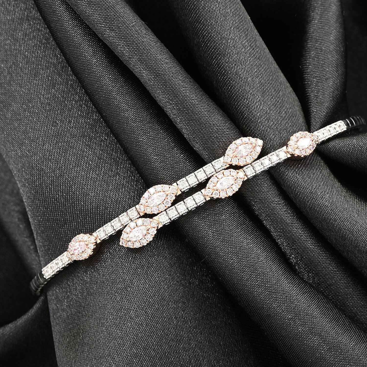 Modani 14K White and Yellow Gold Natural Pink and White Diamond (SI) Bangle Bracelet (7.0 In) Metal Weight (4.35 g) Including Titanium Spring Weight 0.70g 0.90 ctw