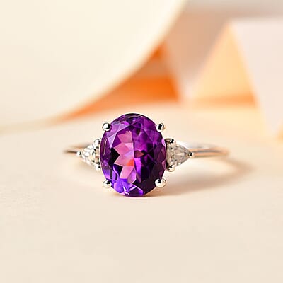 Premium Moroccan Amethyst and White Zircon Ring in Rhodium Over Sterling Silver (Size 10.0) 2.85 ctw