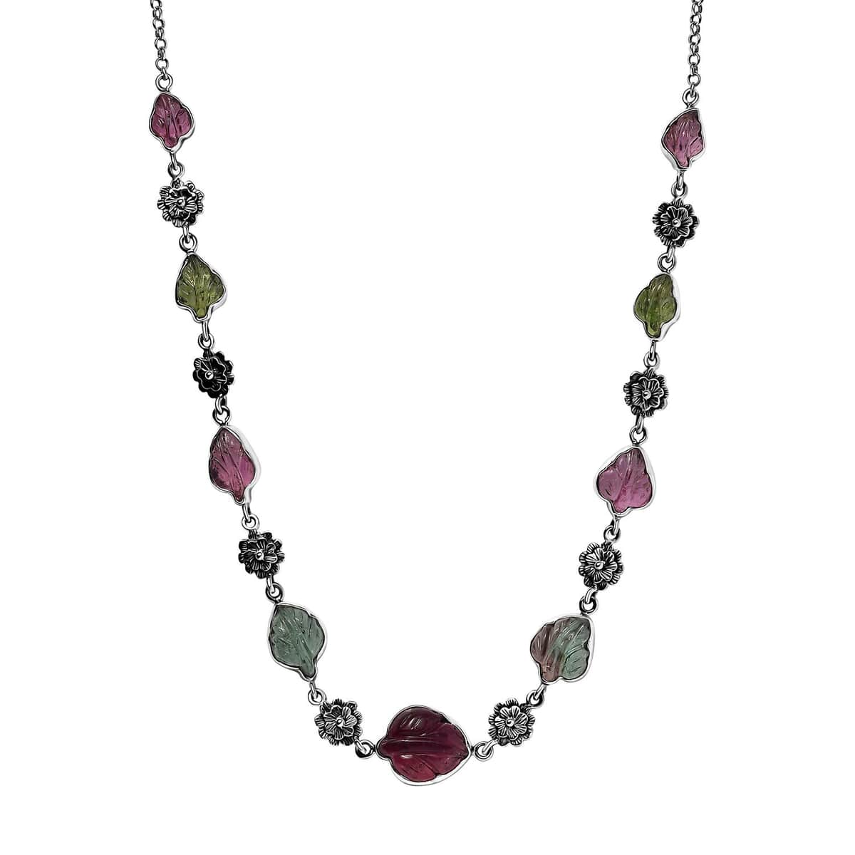 Indian Artistry Multi-Tourmaline Carved 23.15 ctw Leaf and Floral Necklace in Sterling Silver 18-20 Inches image number 0