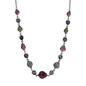 Indian Artistry Multi-Tourmaline Carved 23.15 ctw Leaf and Floral Necklace in Sterling Silver 18-20 Inches