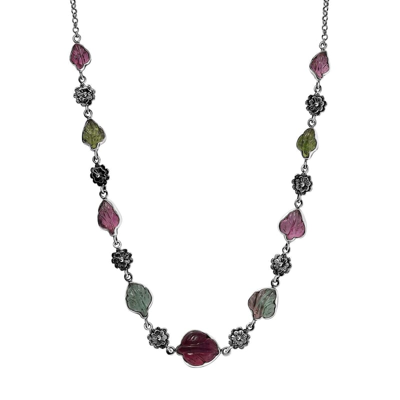 Indian Artistry Multi-Tourmaline Carved 23.15 ctw Leaf and Floral Necklace in Sterling Silver 18-20 Inches