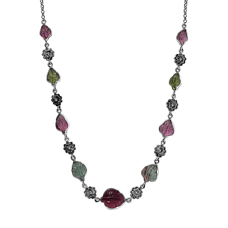 Indian Artistry Multi-Tourmaline Carved 23.15 ctw Leaf and Floral Necklace in Sterling Silver 18-20 Inches