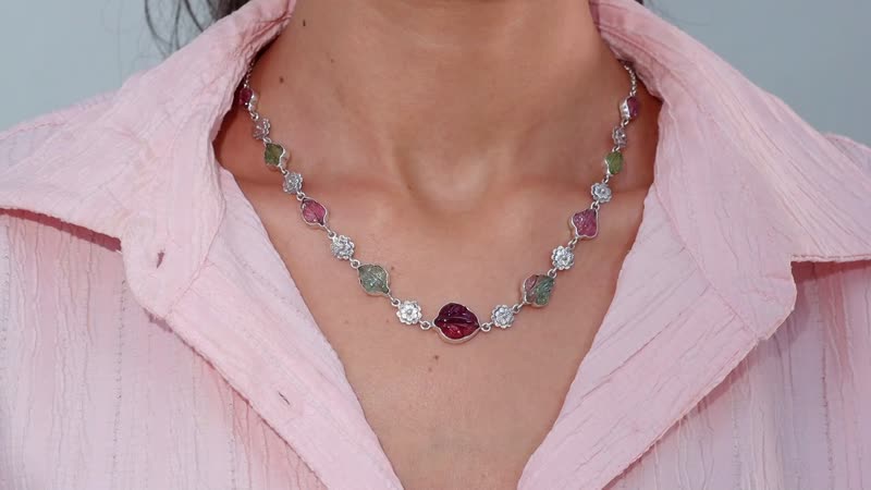 Indian Artistry Multi-Tourmaline Carved 23.15 ctw Leaf and Floral Necklace in Sterling Silver 18-20 Inches