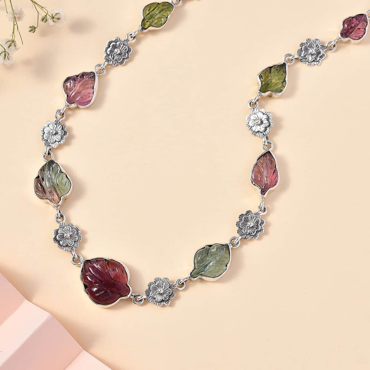 Indian Artistry Multi-Tourmaline Carved 23.15 ctw Leaf and Floral Necklace in Sterling Silver 18-20 Inches image number 1