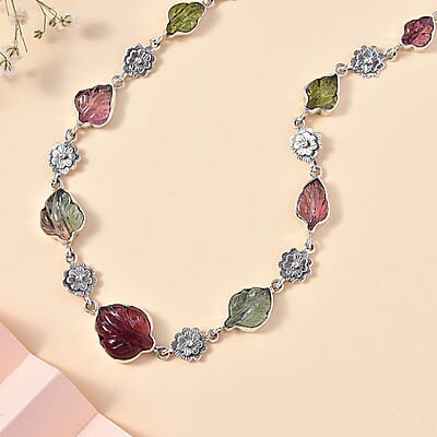 Indian Artistry Multi-Tourmaline Carved 23.15 ctw Leaf and Floral Necklace in Sterling Silver 18-20 Inches