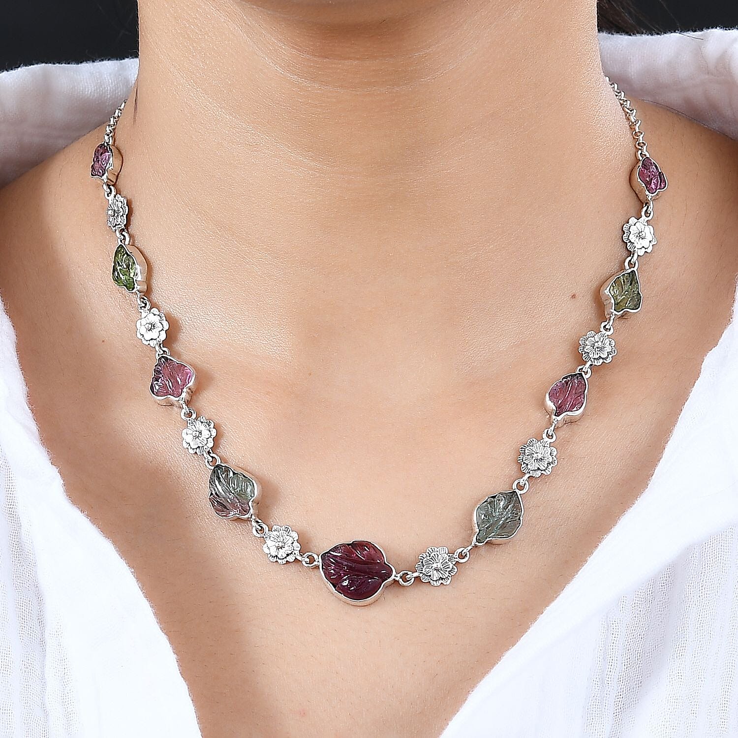 Indian Artistry Multi-Tourmaline Carved 23.15 ctw Leaf and Floral Necklace in Sterling Silver 18-20 Inches
