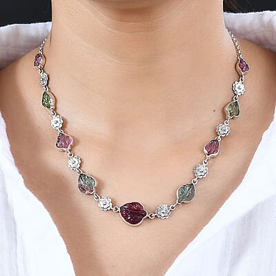 Indian Artistry Multi-Tourmaline Carved 23.15 ctw Leaf and Floral Necklace in Sterling Silver 18-20 Inches
