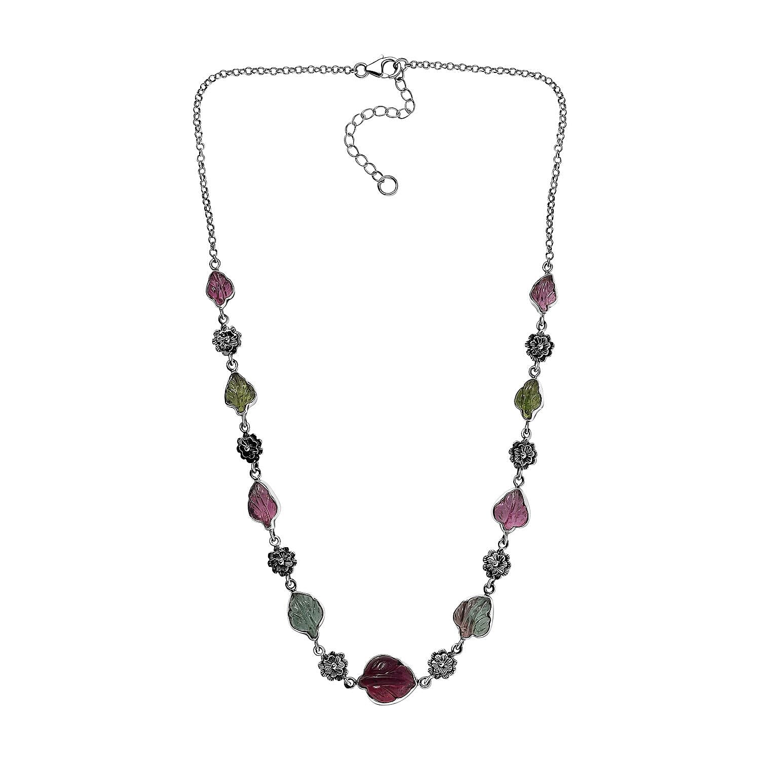 Indian Artistry Multi-Tourmaline Carved 23.15 ctw Leaf and Floral Necklace in Sterling Silver 18-20 Inches