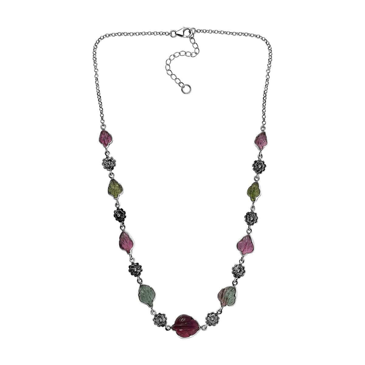 Indian Artistry Multi-Tourmaline Carved 23.15 ctw Leaf and Floral Necklace in Sterling Silver 18-20 Inches image number 3