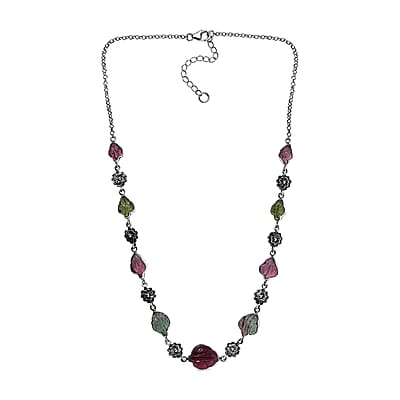 Indian Artistry Multi-Tourmaline Carved 23.15 ctw Leaf and Floral Necklace in Sterling Silver 18-20 Inches