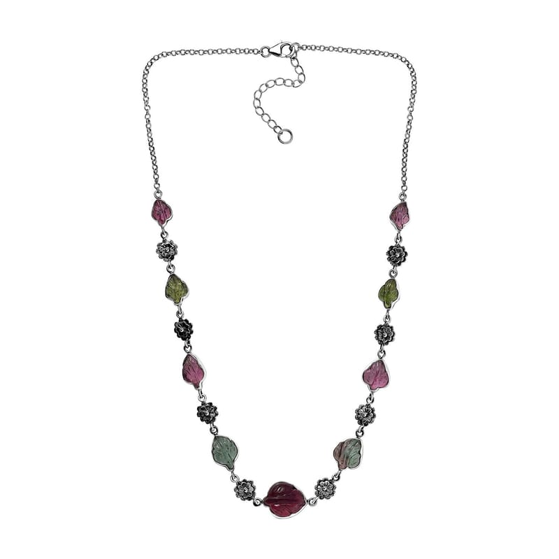 Indian Artistry Multi-Tourmaline Carved 23.15 ctw Leaf and Floral Necklace in Sterling Silver 18-20 Inches