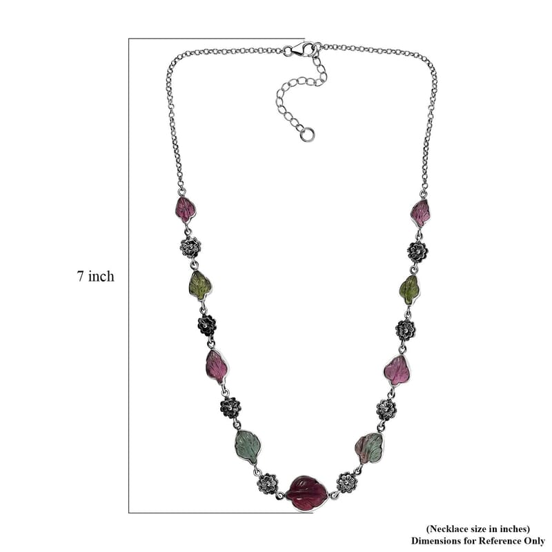 Indian Artistry Multi-Tourmaline Carved 23.15 ctw Leaf and Floral Necklace in Sterling Silver 18-20 Inches