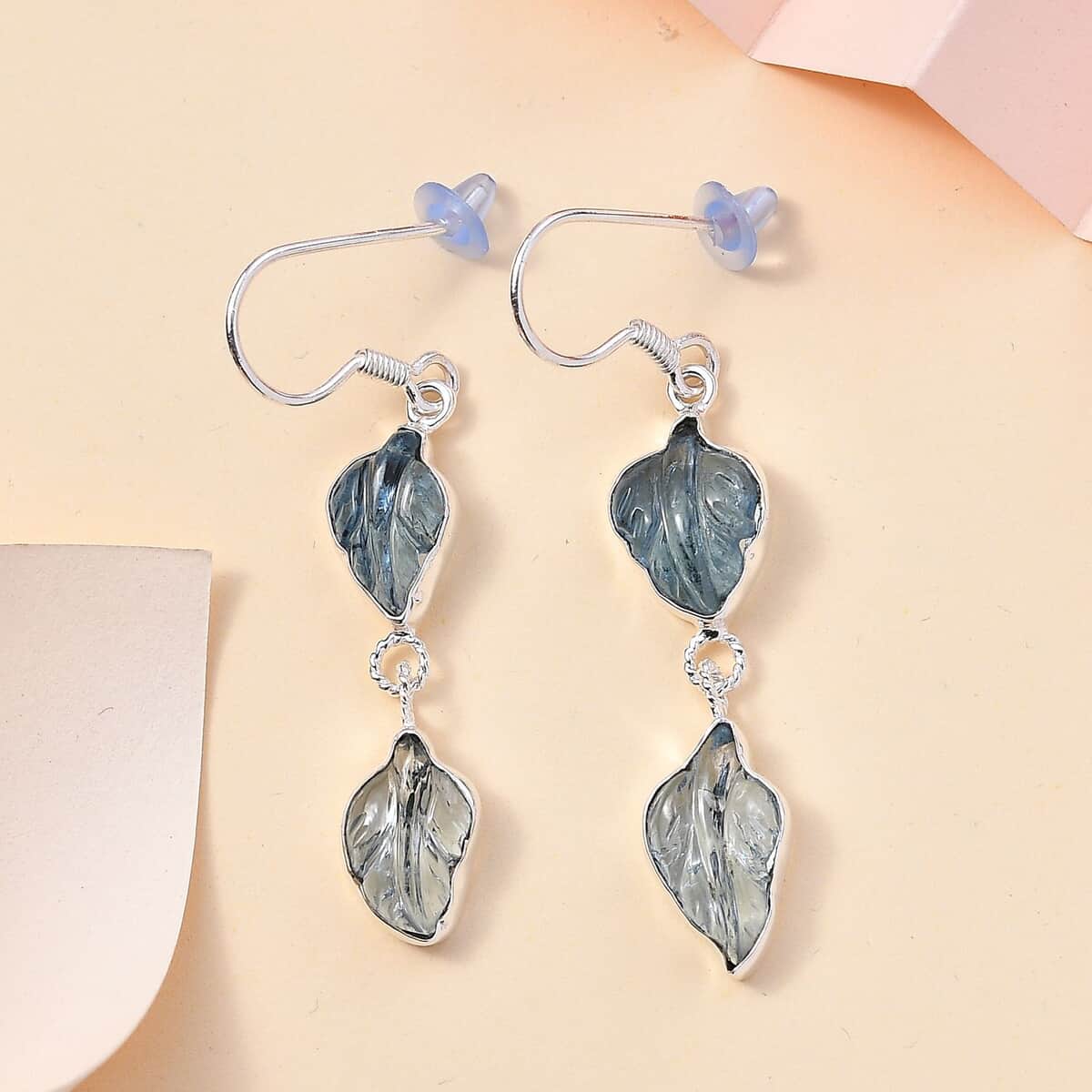 Indian Artistry Aquamarine Carved Leaf 9.10 ctw Earrings in Sterling Silver image number 1