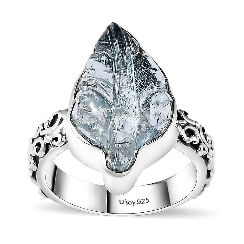 Indian Artistry Aquamarine Carved Leaf 9.40 ctw Ring in Sterling Silver (Size 10.0) 