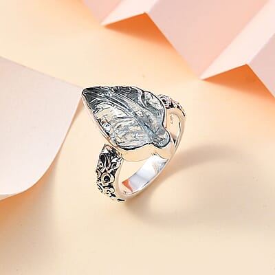 Indian Artistry Aquamarine Carved Leaf 9.40 ctw Ring in Sterling Silver (Size 10.0) 