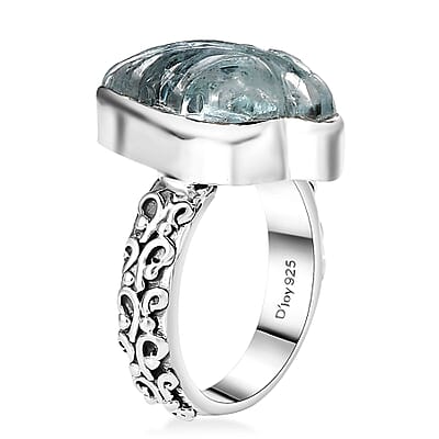 Indian Artistry Aquamarine Carved Leaf 9.40 ctw Ring in Sterling Silver (Size 10.0) 