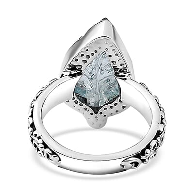 Indian Artistry Aquamarine Carved Leaf 9.40 ctw Ring in Sterling Silver (Size 10.0) 
