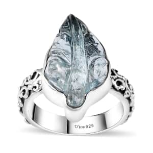 Indian Artistry Aquamarine Carved Leaf 9.40 ctw Ring in Sterling Silver (Size 6.0) 