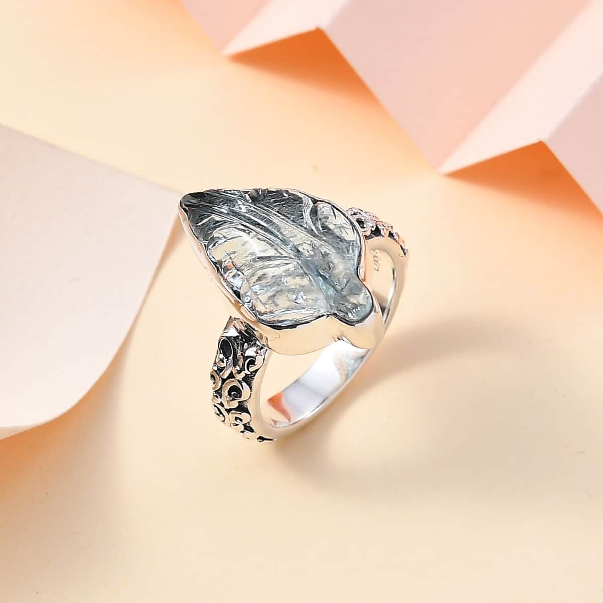 Indian Artistry Aquamarine Carved Leaf 9.40 ctw Ring in Sterling Silver (Size 6.0)  image number 1