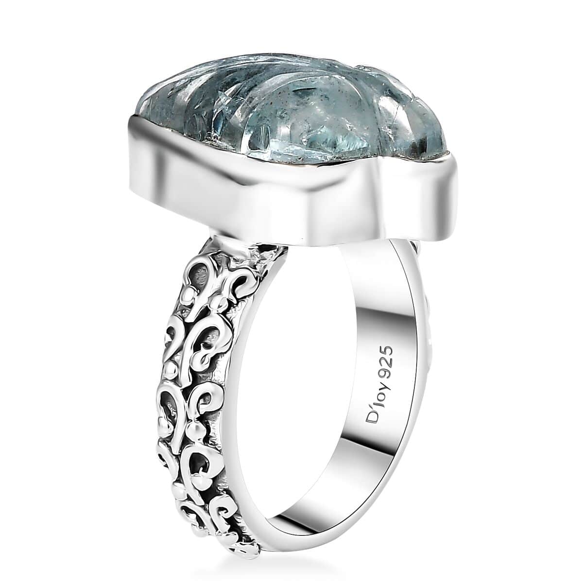 Indian Artistry Aquamarine Carved Leaf 9.40 ctw Ring in Sterling Silver (Size 6.0)  image number 3