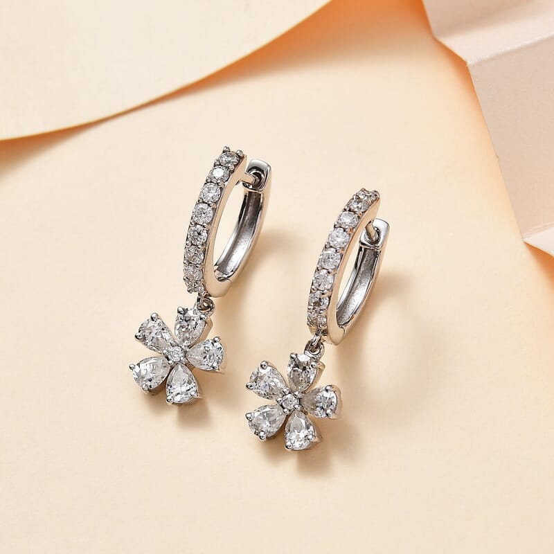 Moissanite Floral Earrings in Platinum Over Sterling Silver 2.10 ctw