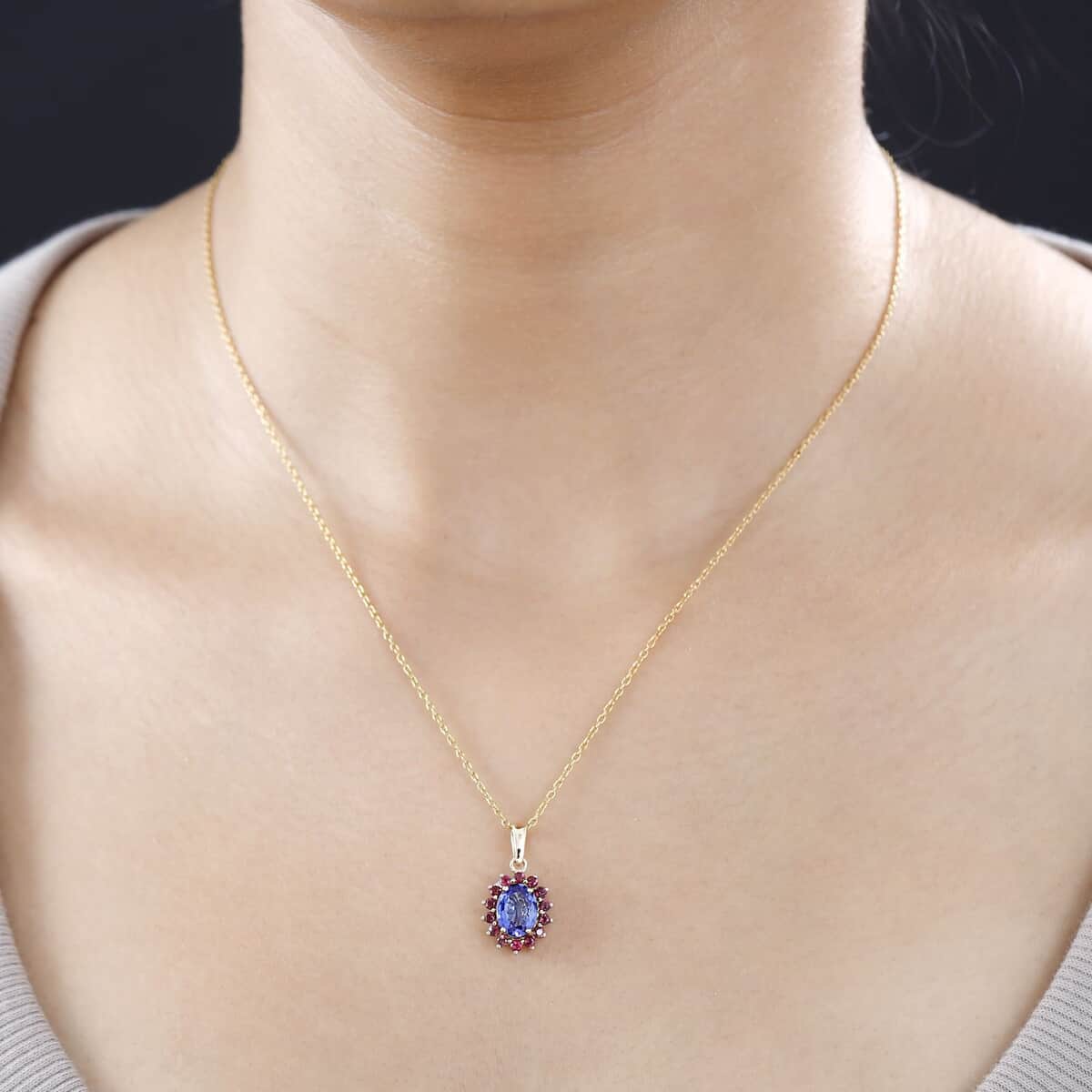 Luxoro Premium Tanzanite and Ofiki Rubellie 1.65 ctw Patriotic Pride Pendant in 10K Yellow Gold image number 2