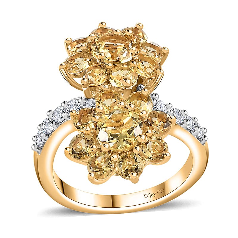 Brazilian Sunfire Beryl and White Zircon Flower Bypass Ring in Vermeil Yellow Gold Over Sterling Silver (Size 10.0) 3.15 ctw