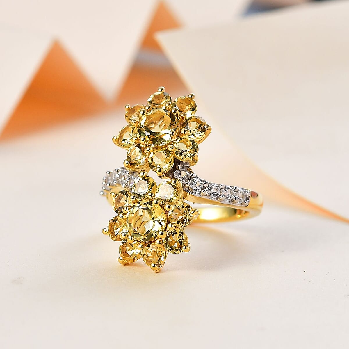 Brazilian Sunfire Beryl and White Zircon Flower Bypass Ring in Vermeil Yellow Gold Over Sterling Silver (Size 7.0) 3.15 ctw image number 1
