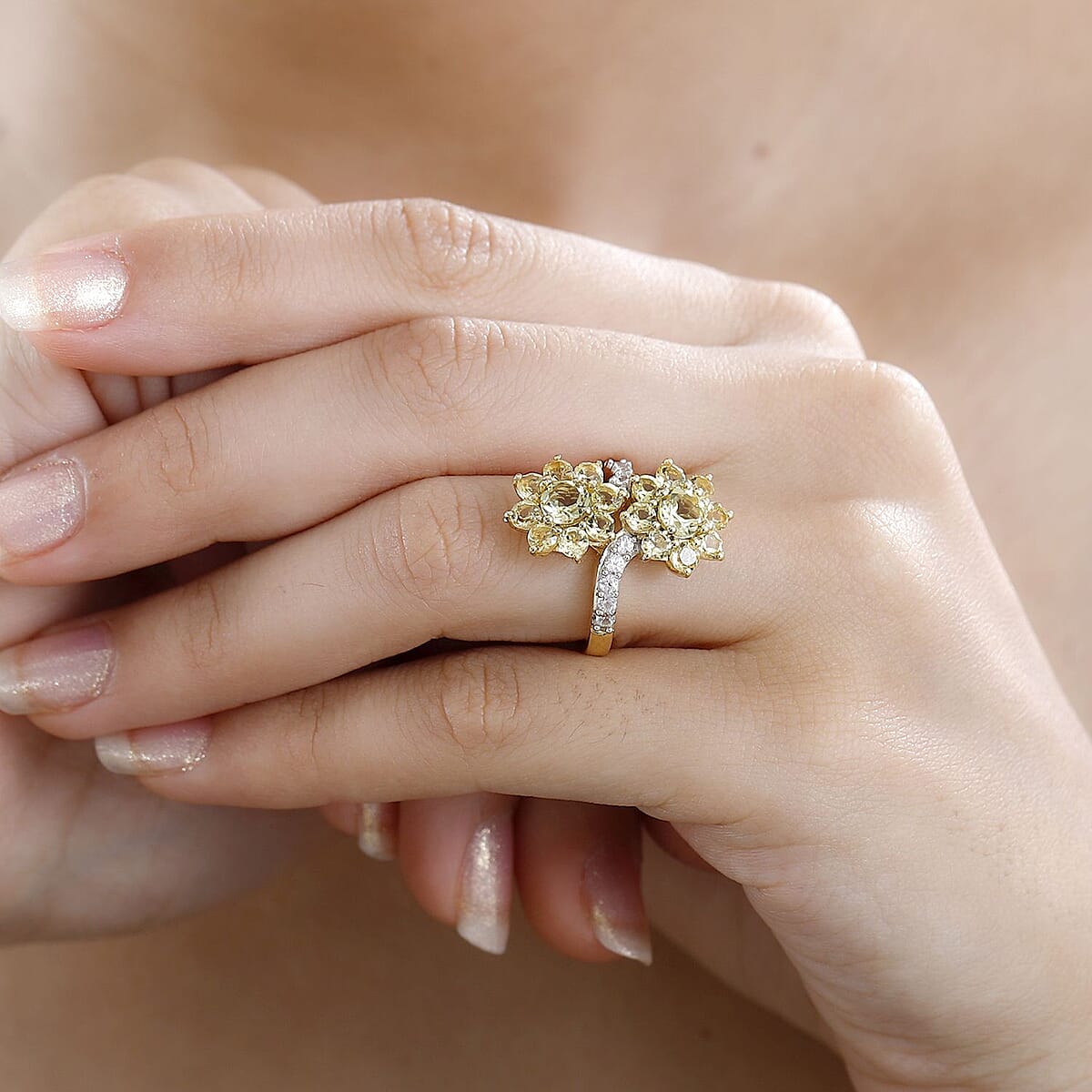 Brazilian Sunfire Beryl and White Zircon Flower Bypass Ring in Vermeil Yellow Gold Over Sterling Silver (Size 7.0) 3.15 ctw image number 2
