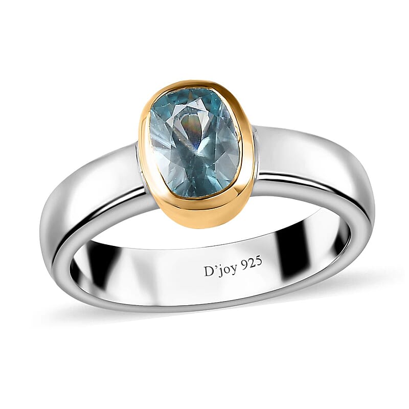 Cambodian Blue Zircon Solitaire Ring in Vermeil YG and Platinum Over Sterling Silver (Size 10.0) 1.25 ctw