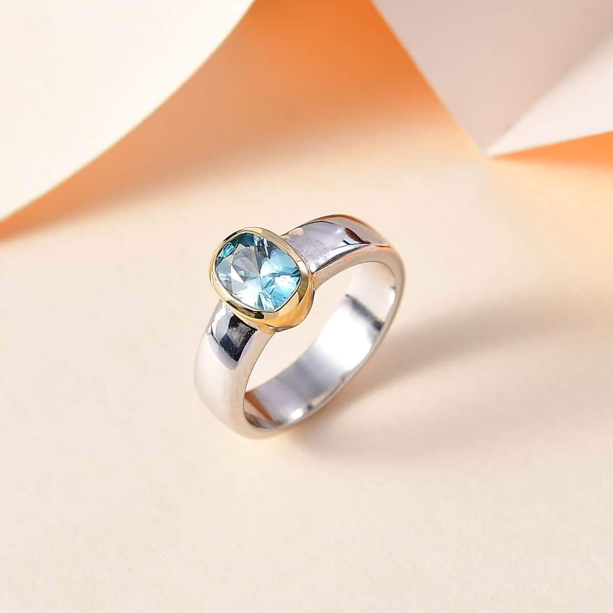 Cambodian Blue Zircon Solitaire Ring in Vermeil YG and Platinum Over Sterling Silver (Size 10.0) 1.25 ctw image number 1