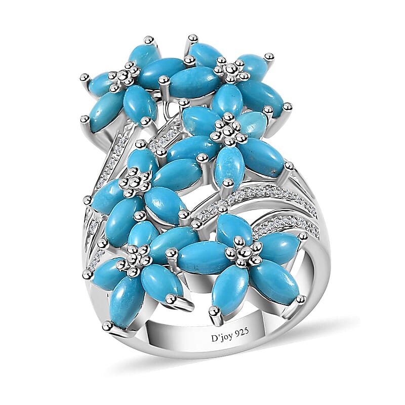 Sleeping Beauty Turquoise and White Zircon Floral Ring in Rhodium Over Sterling Silver (Size 10.0) 4.90 ctw