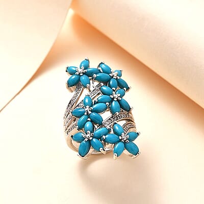 Sleeping Beauty Turquoise and White Zircon Floral Ring in Rhodium Over Sterling Silver (Size 10.0) 4.90 ctw