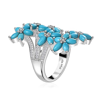 Sleeping Beauty Turquoise and White Zircon Floral Ring in Rhodium Over Sterling Silver (Size 10.0) 4.90 ctw