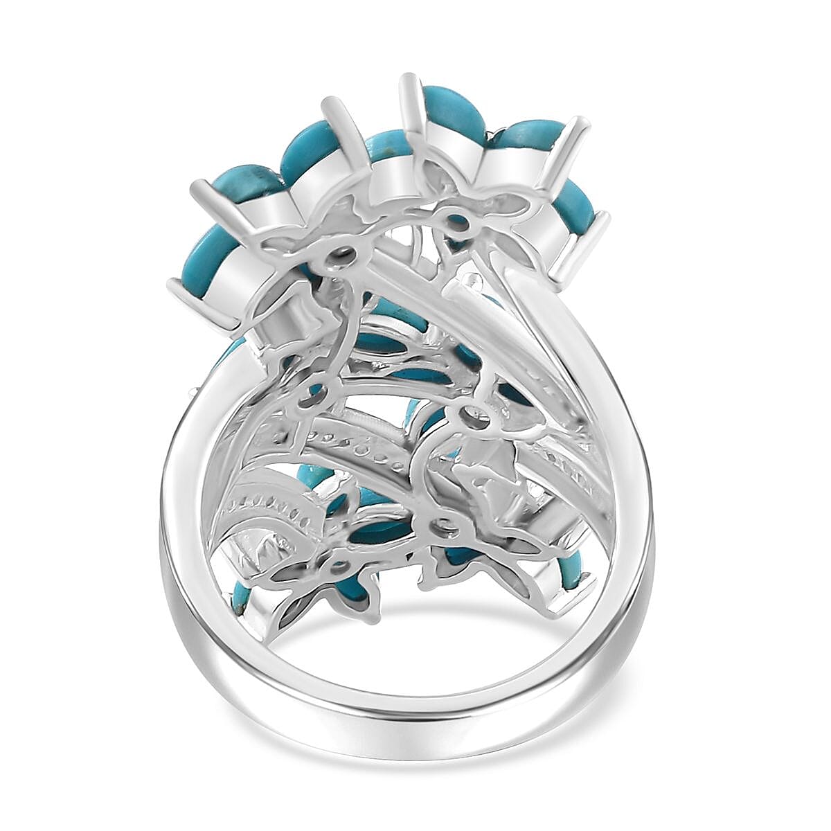 Sleeping Beauty Turquoise and White Zircon Floral Ring in Rhodium Over Sterling Silver (Size 10.0) 4.90 ctw