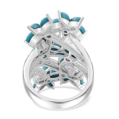 Sleeping Beauty Turquoise and White Zircon Floral Ring in Rhodium Over Sterling Silver (Size 10.0) 4.90 ctw
