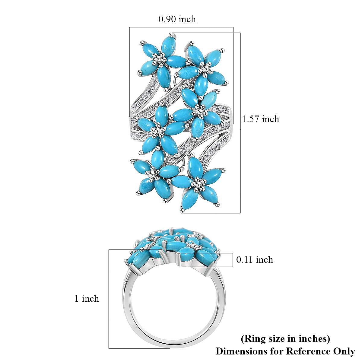 Sleeping Beauty Turquoise and White Zircon Floral Ring in Rhodium Over Sterling Silver (Size 10.0) 4.90 ctw