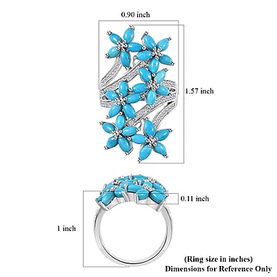 Sleeping Beauty Turquoise and White Zircon Floral Ring in Rhodium Over Sterling Silver (Size 10.0) 4.90 ctw
