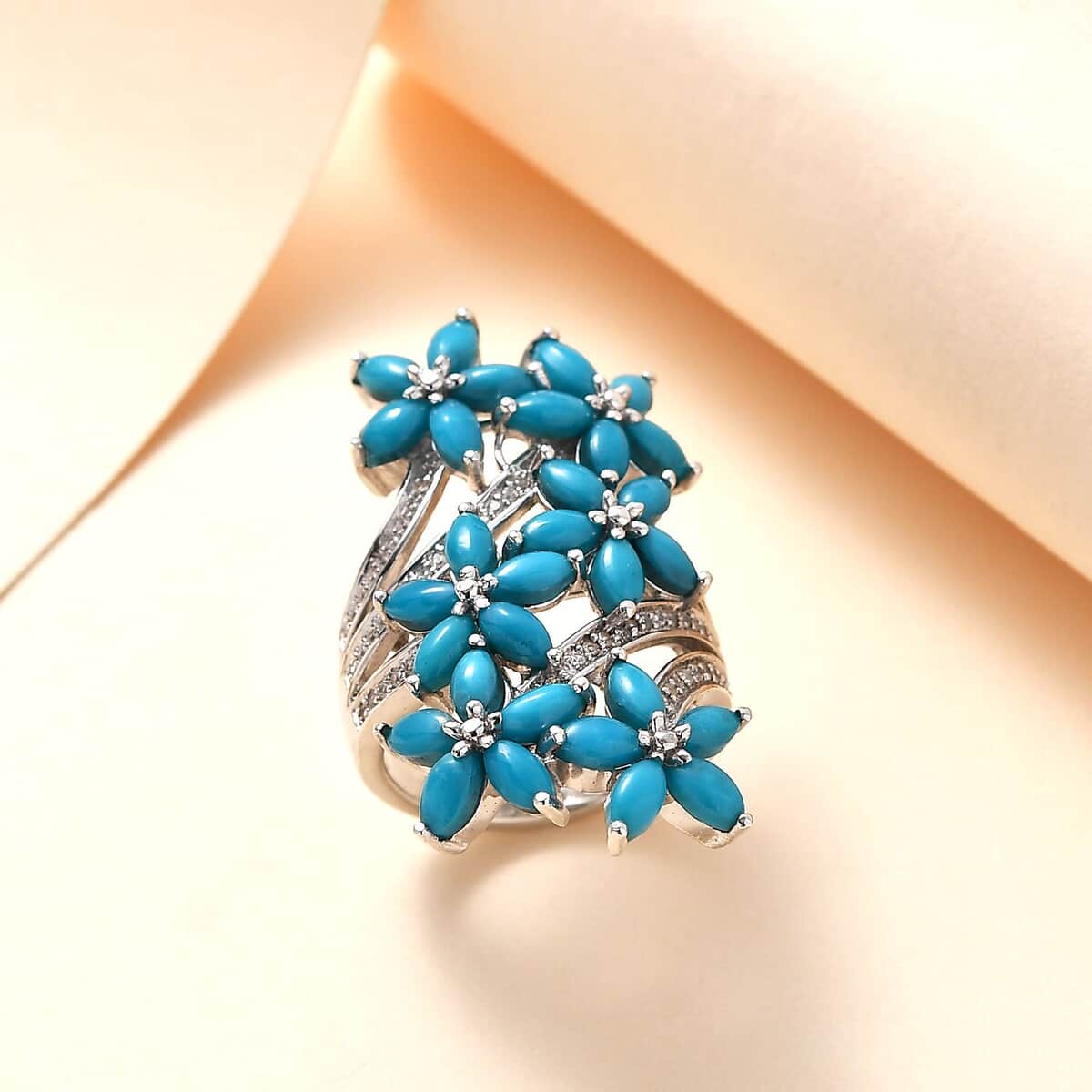 Sleeping Beauty Turquoise and White Zircon Floral Ring in Rhodium Over Sterling Silver (Size 8.0) 4.90 ctw image number 1