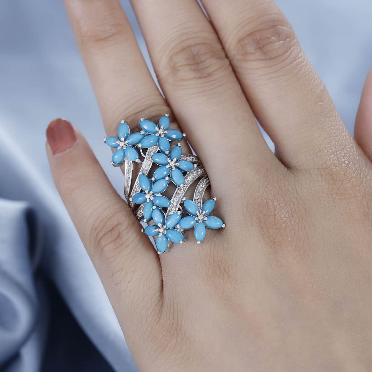 Sleeping Beauty Turquoise and White Zircon Floral Ring in Rhodium Over Sterling Silver (Size 8.0) 4.90 ctw image number 2