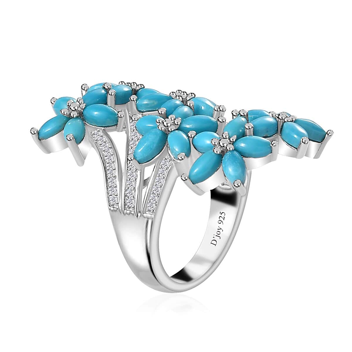 Sleeping Beauty Turquoise and White Zircon Floral Ring in Rhodium Over Sterling Silver (Size 8.0) 4.90 ctw image number 3