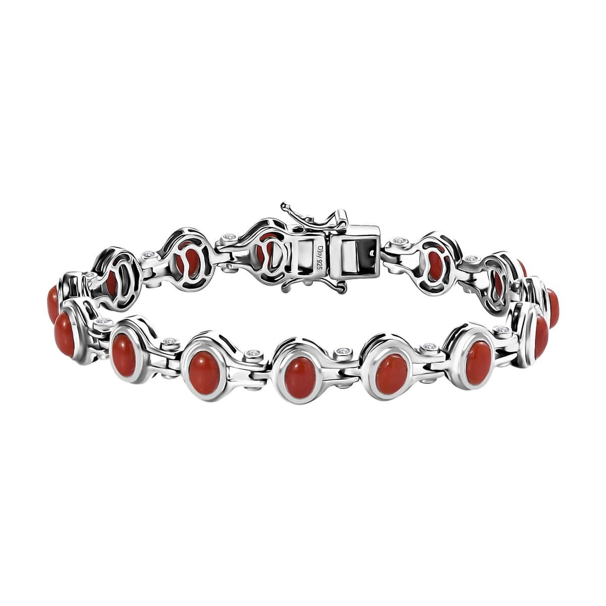 Mediterranean Coral and White Zircon Link Bracelet in Platinum Over Sterling Silver (6.50 In) 9.60 ctw image number 0