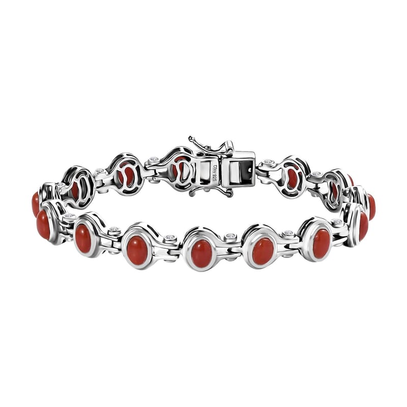 D'Joy Mediterranean Coral and White Zircon Link Bracelet in Platinum Over Sterling Silver (6.50 In) 9.60 ctw