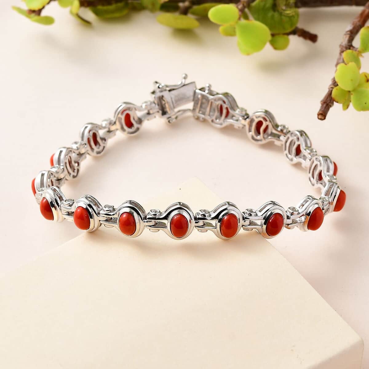 Mediterranean Coral and White Zircon Link Bracelet in Platinum Over Sterling Silver (6.50 In) 9.60 ctw image number 1